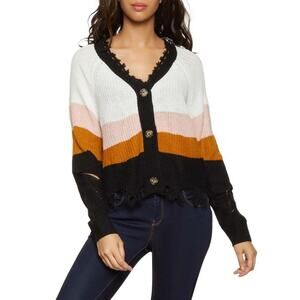 Full Circle Trends Black Frayed V Neck Color block Cardigan NWT